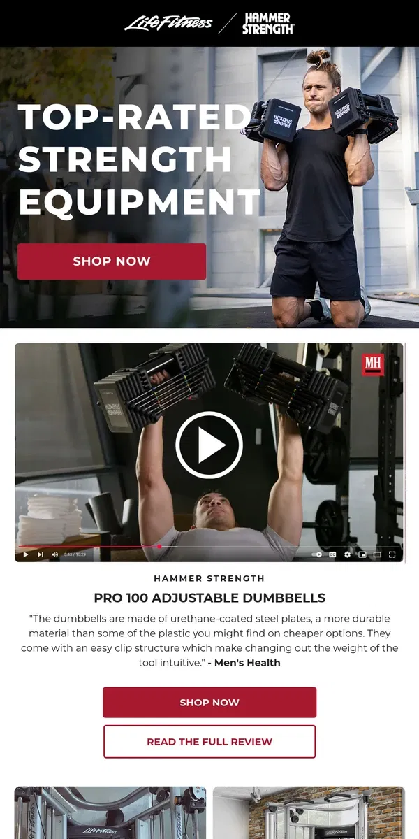 Email from Life Fitness. Level Up with 3 Top-Rated Strength Equipment