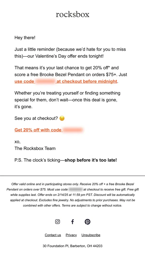 Email from Rocksbox. ❤️ Your Valentine’s treat? Almost gone!