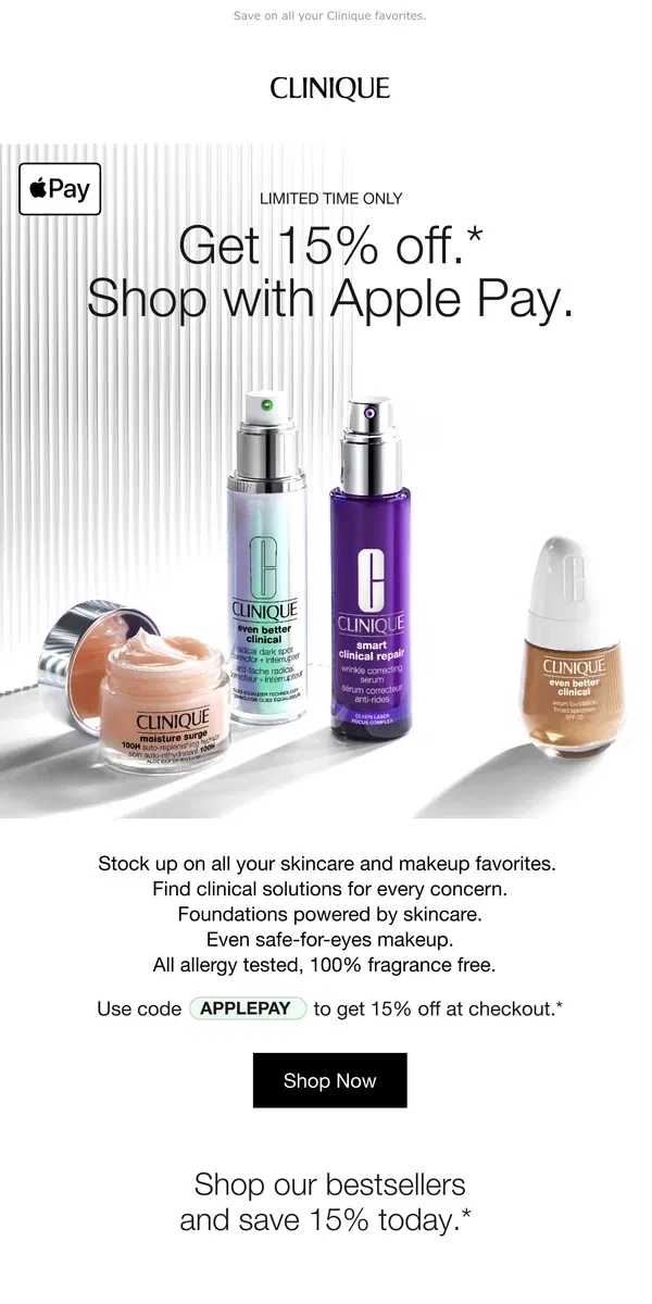 Email from Clinique. Get 15% off. Shop with Apple Pay.