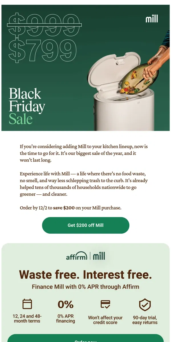 Email from Mill. Take $200 off this Black Friday