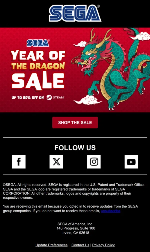 Email from SEGA. 🐉 Year of the Dragon Sale! Up to 80% Off on Steam