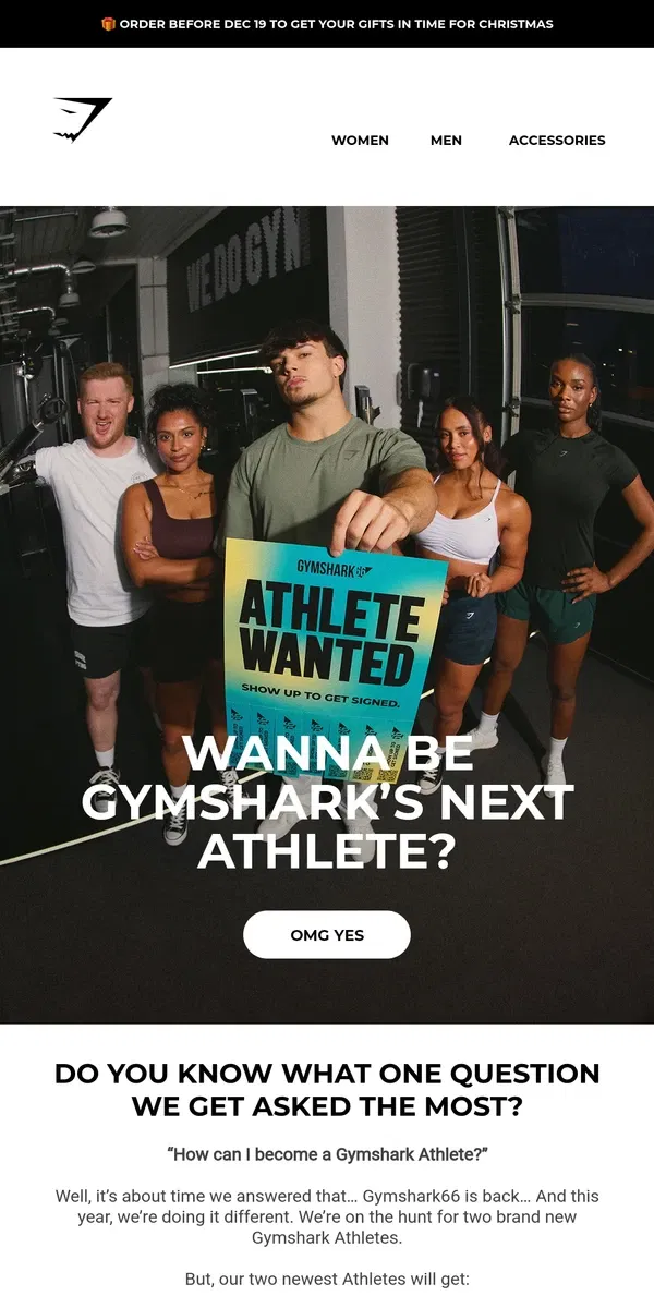 Email from Gymshark. WANTED: 2 New Gymshark Athletes 🦈