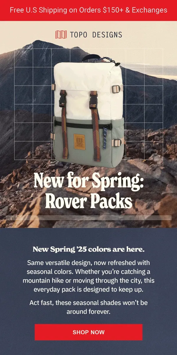 Email from Topo Designs. Fresh Rover Colors Just Landed 🏔️🌲🌊