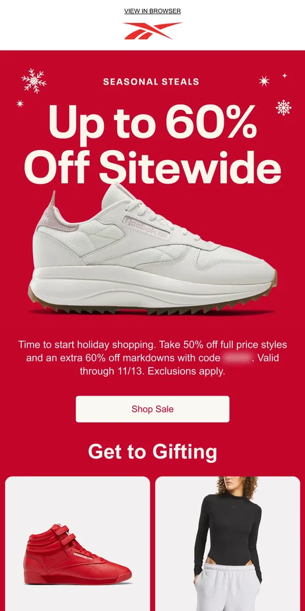 Email from Reebok. Kickstart your holiday shopping with 50-60% OFF 🎁