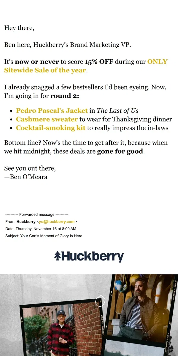 Email from Huckberry. FWD: You've Got Until Midnight