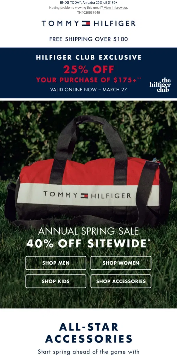 Email from Tommy Hilfiger. Gear up for the season with 40% OFF SITEWIDE