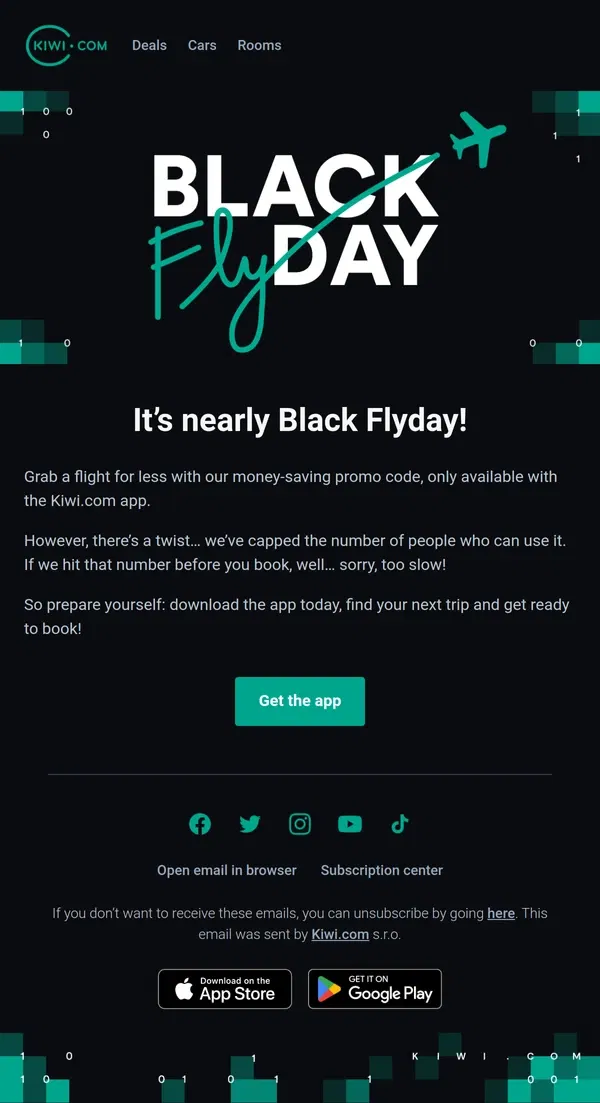 Email from Kiwi.com. Get ready: Black Flyday is coming, and so is your limited edition promo code