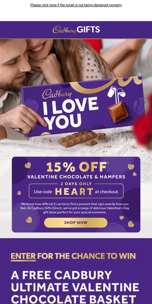 Email from Cadbury. Send a Valentine's Day gift with 15% OFF ❤