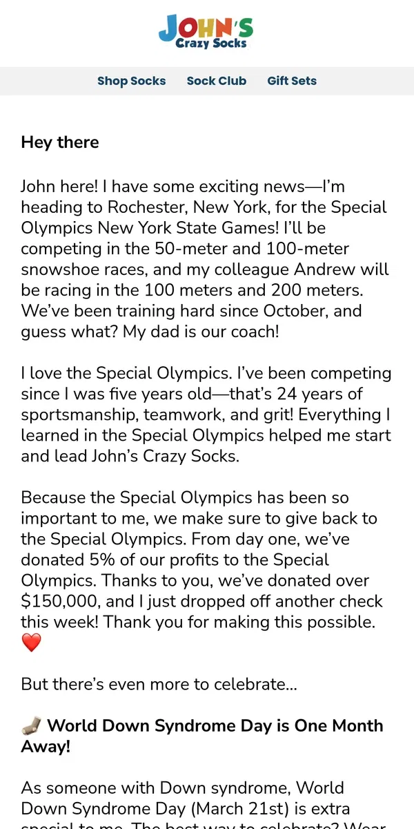 Email from John's Crazy Socks. John Is Off to the Special Olympics State Games! 🎉 ❤️