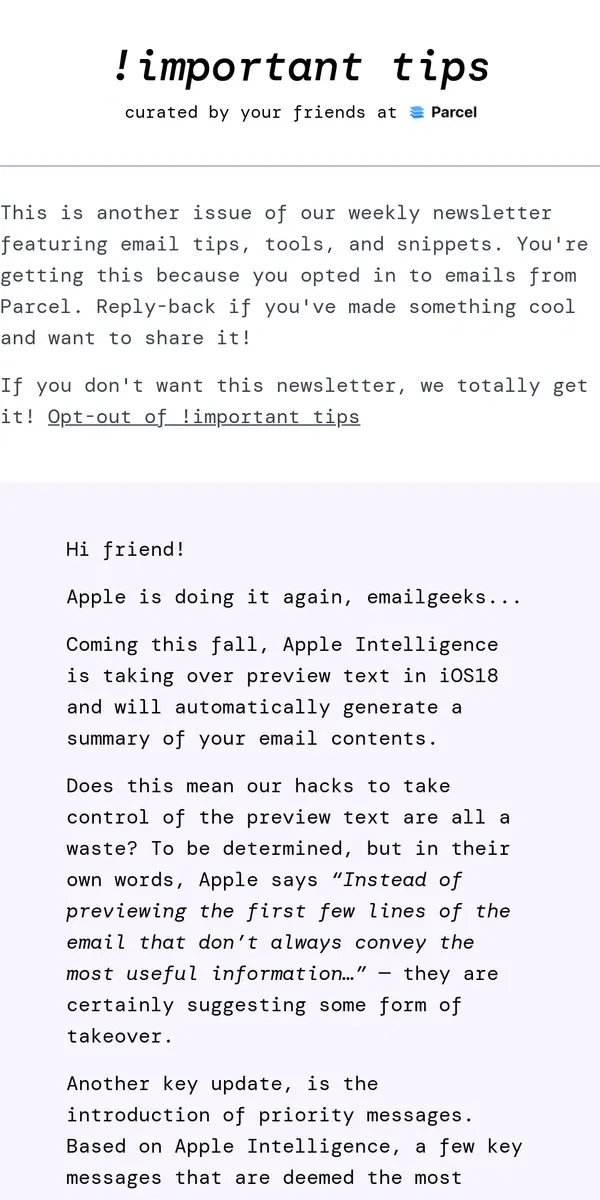 Email from Parcel. A big update to preview text is coming
