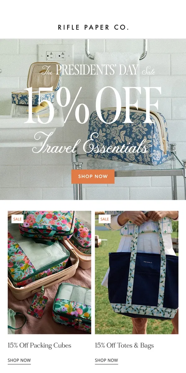 Email from Rifle Paper Co.. Fall in Love with 15% off Travel Essentials