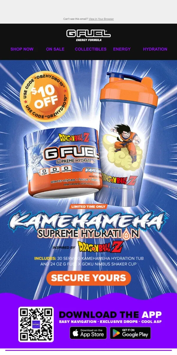 Email from G FUEL. 💧 Introducing: Kamehameha Supreme Hydration Bundle!