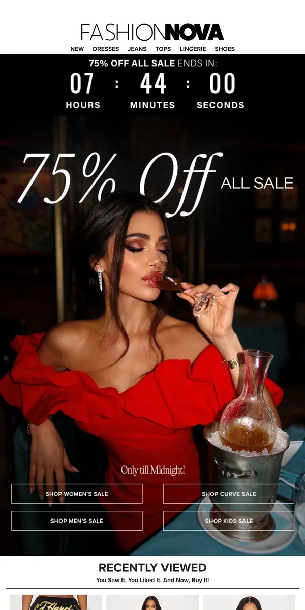 Email from Fashion Nova. 75% Off ALL SALE🤑Until Midnight!