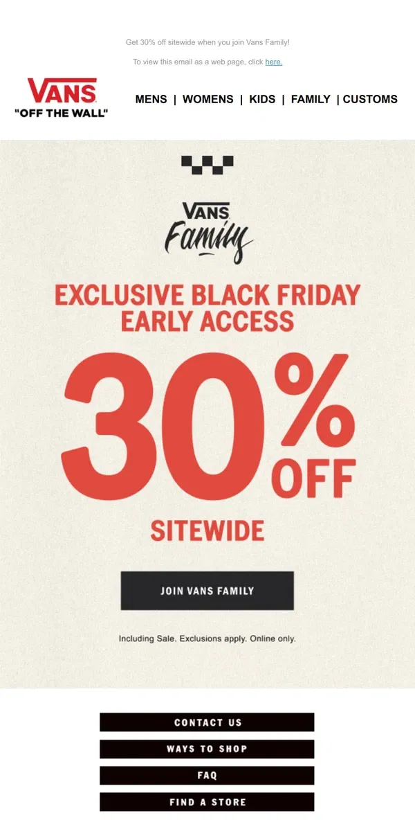 Email from Vans. BLACK FRIDAY ⏰ EARLY ACCESS