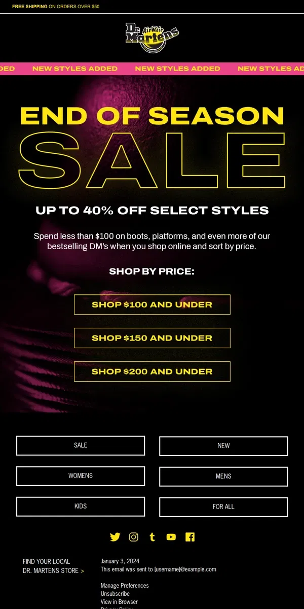 Email from Dr. Martens. New styles added to sale