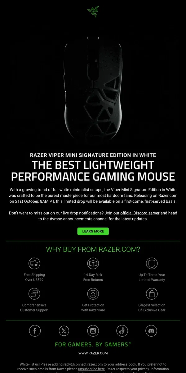 Email from Razer. Exclusive Release: Razer Viper Mini Signature Edition in White