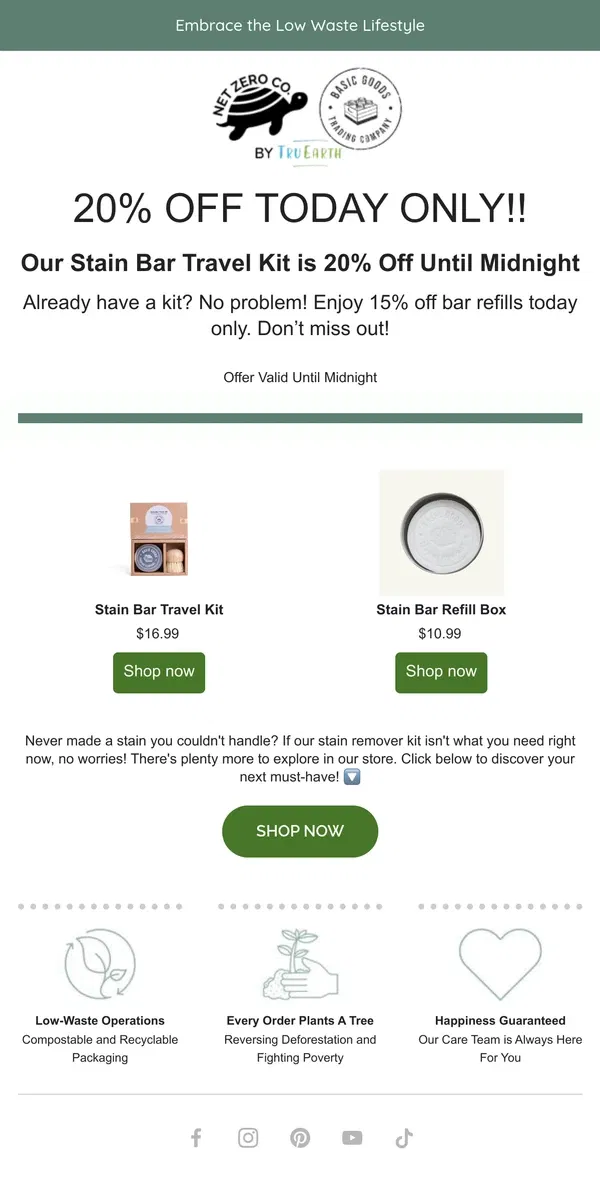 Email from Net Zero Co.. GET 20% OFF TODAY ONLY