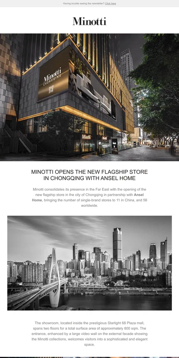 Email from MINOTTI. MINOTTI OPENS THE NEW FLAGSHIP STORE IN CHONGQING WITH ANSEL HOME