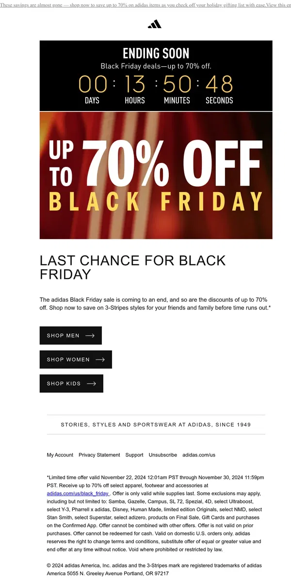 Email from Adidas. Final chance for up to 70% off Black Friday deals