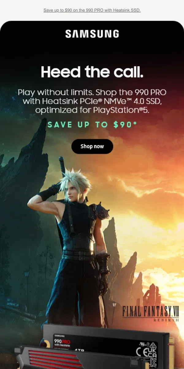 Email from Samsung. [Name], up your storage game in time for Final Fantasy VII Rebirth.