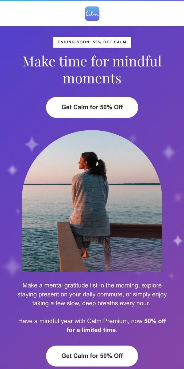 Email from Calm. ENDING SOON: 50% off!