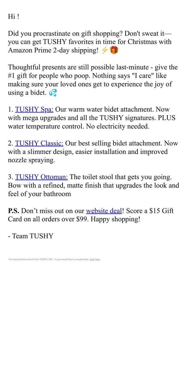 Email from TUSHY. Order now to get TUSHY favorites in time for Christmas!