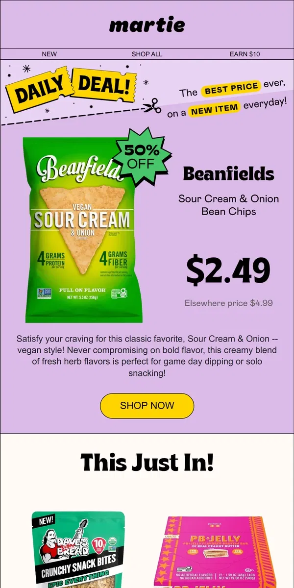 Email from Martie. 19 *new* items! ☀️ Happy Sunday! Plus, Beanfields Sour Cream + Onion Chips, 50% OFF!