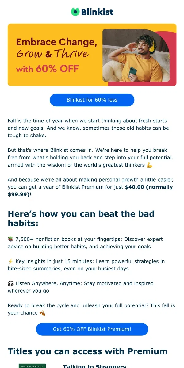 Email from Blinkist. Make This Your Season of Growth - 60% Off Blinkist 🍂📚