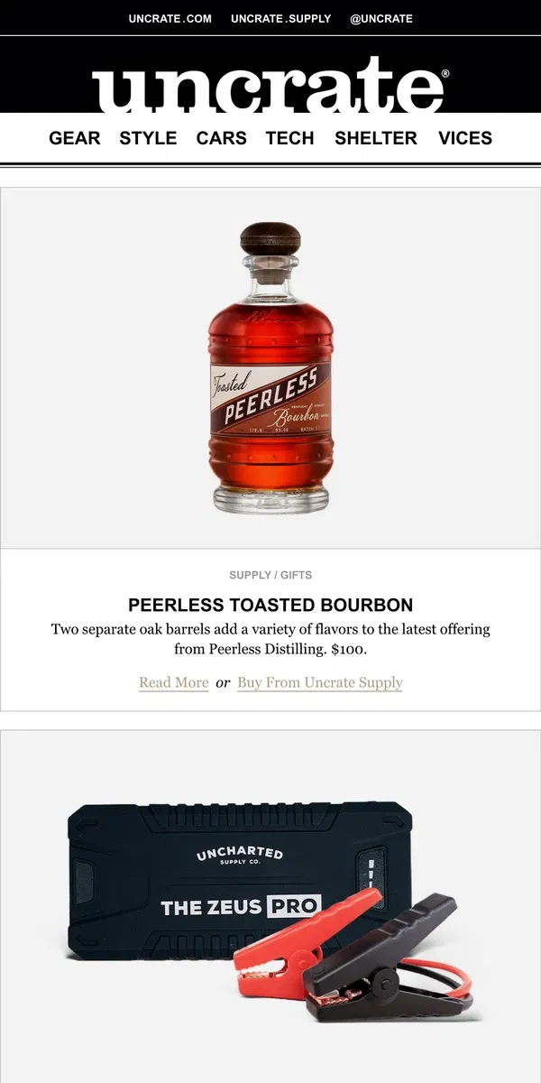 Email from Uncrate. Peerless Toasted Bourbon & more