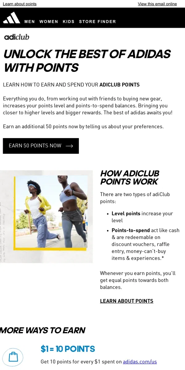 Email from Adidas. Learn how adiclub points unlock the best of adidas