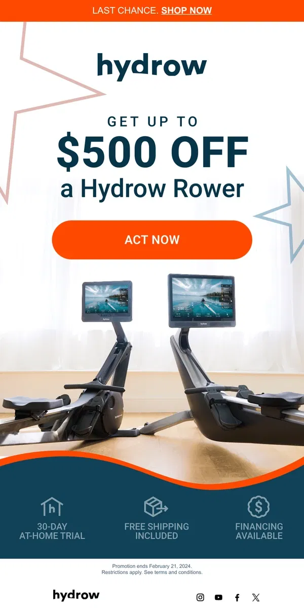 Email from Hydrow. Final countdown: Up to $500 off ends tonight