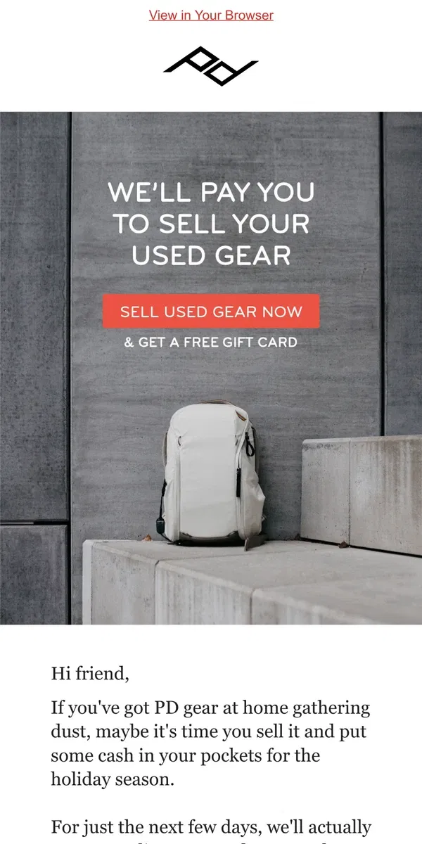 Email from Peak Design. Sell used gear, get paid extra.