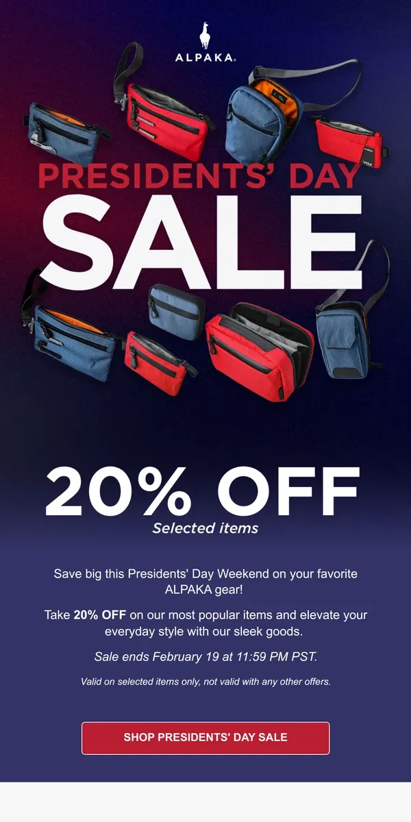 Email from ALPAKA. Presidents' Day sale starts now 🎉