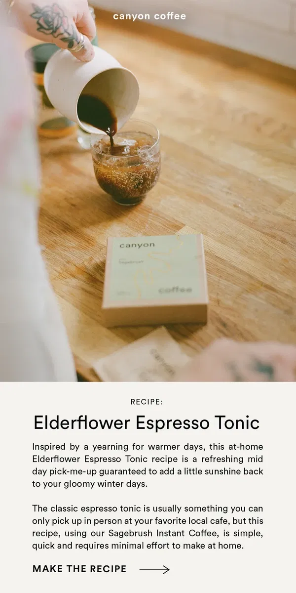 Email from Canyon Coffee. New Recipe: Elderflower Espresso Tonic