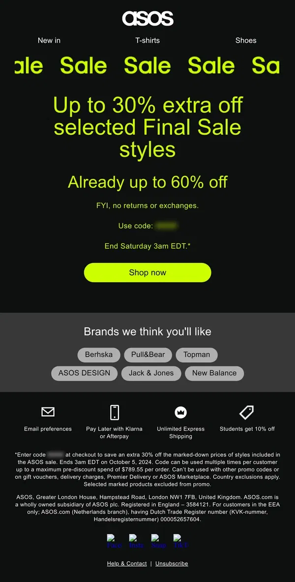 Email from ASOS. Up to 30% extra off selected Final Sale styles