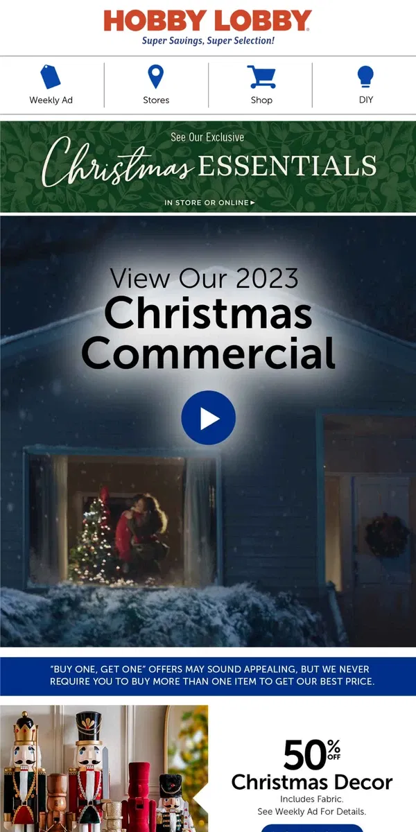 Email from Hobby Lobby. View Our 2023 Christmas Commercial 🎄