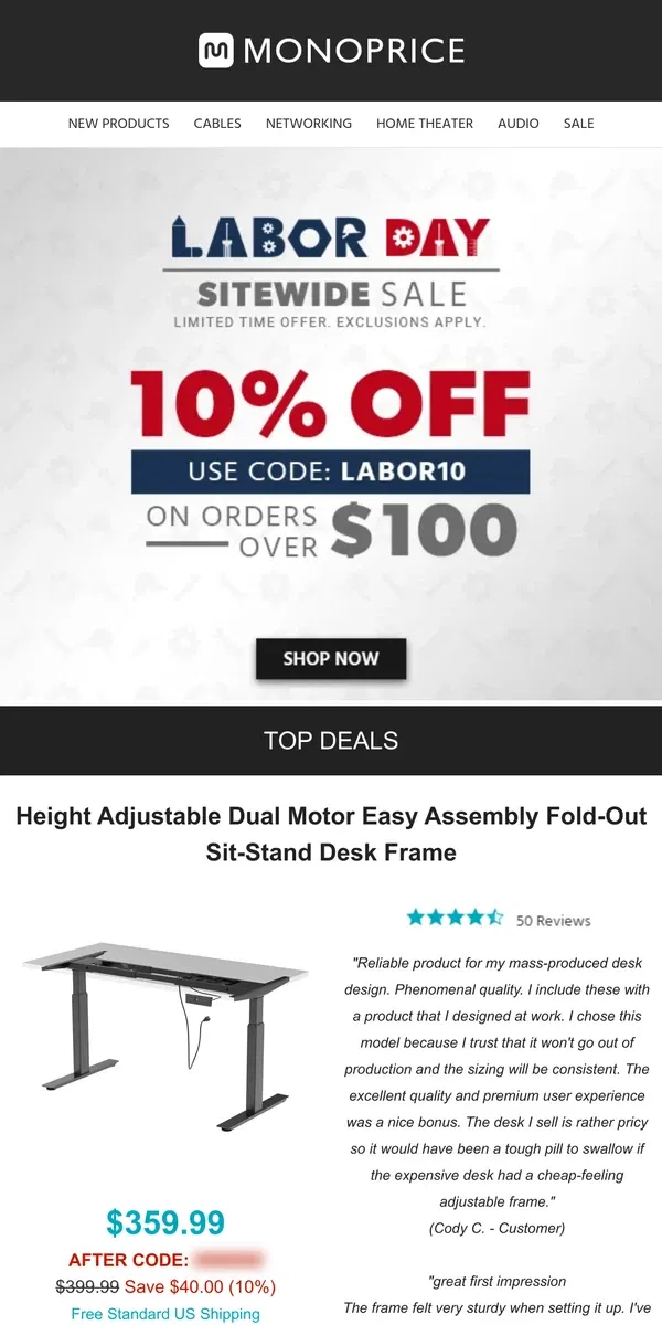 Email from Monoprice. ENDS TODAY | LABOR DAY SALE 10% OFF $100+