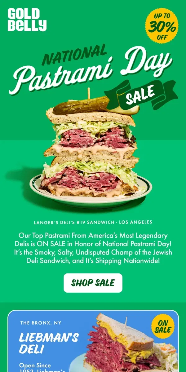 Email from Goldbelly. Pastrami SALE – Langer’s + 2nd Ave Deli + More! 🥪