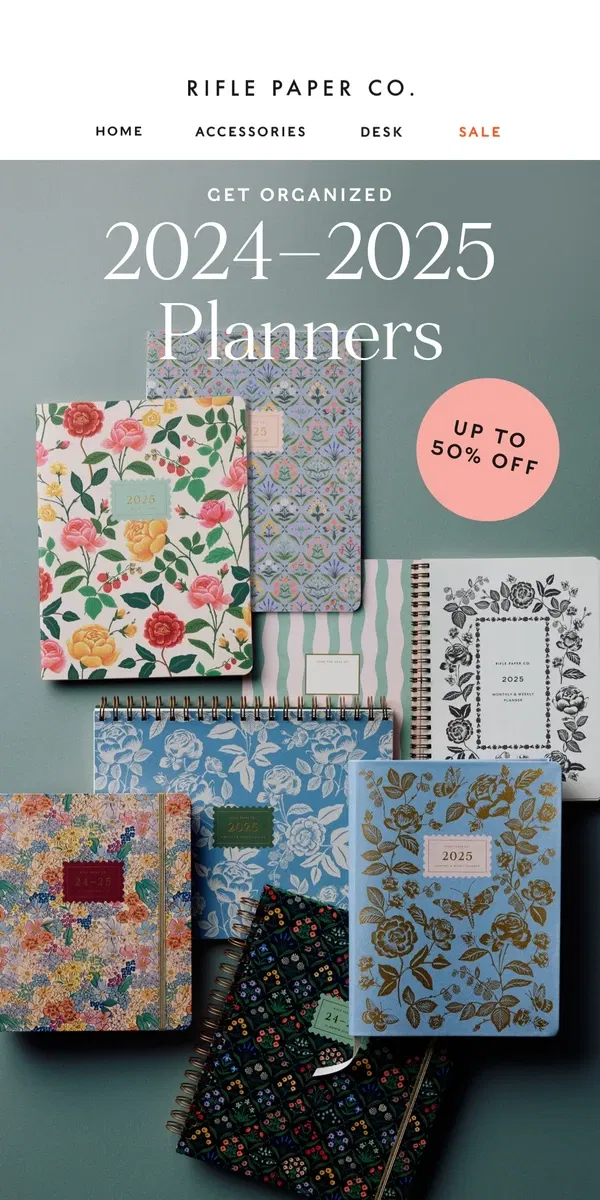 Email from Rifle Paper Co.. Up to 50% off 17 Month Planners 🌸