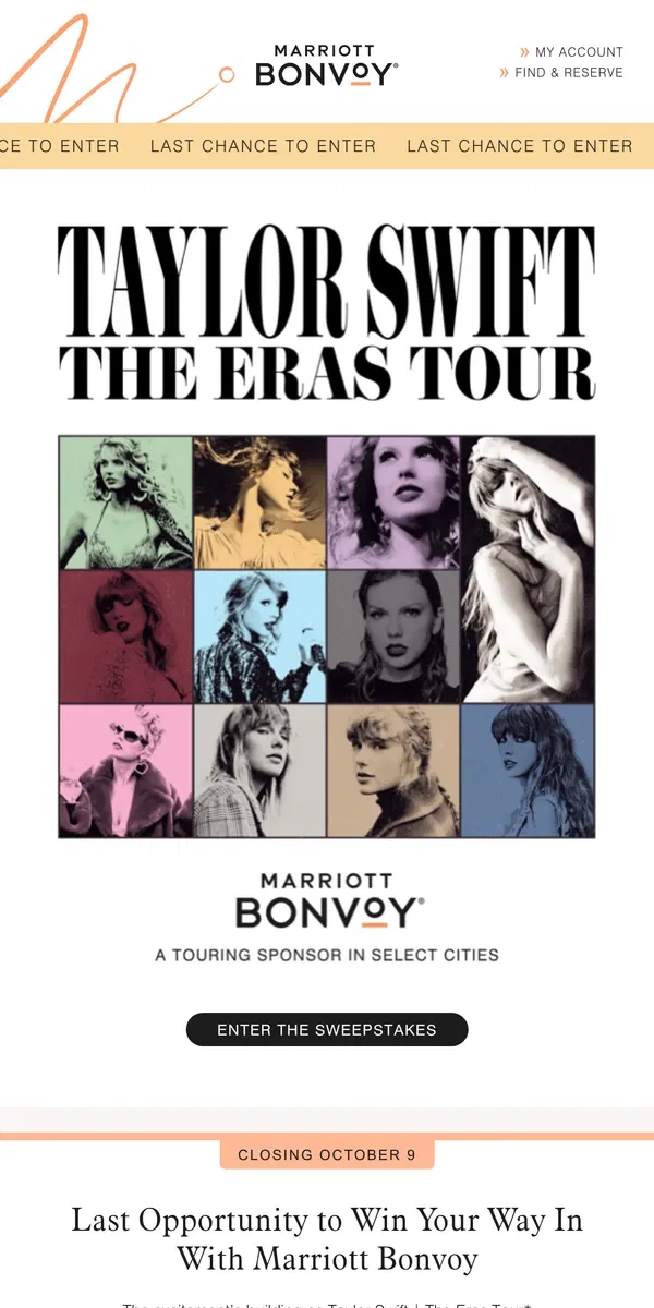 Email from Marriott Bonvoy. Don’t Miss Out: Enter the Taylor Swift | The Eras Tour Sweepstakes with Marriott Bonvoy