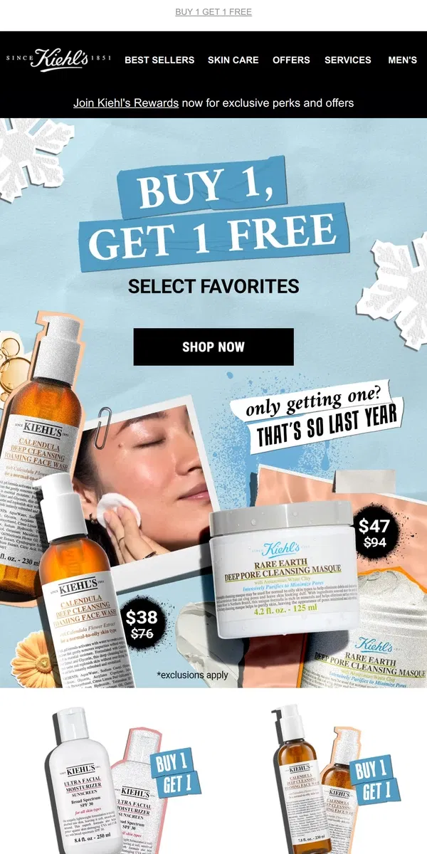 Email from Kiehl's. ENDS TODAY! Buy 1 Get 1 FREE on Select Items!