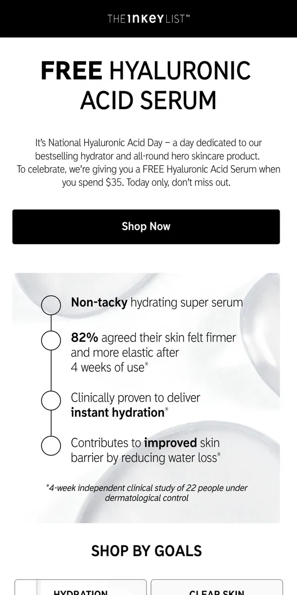 Email from The INKEY List. TODAY ONLY: FREE Hyaluronic Acid Serum!