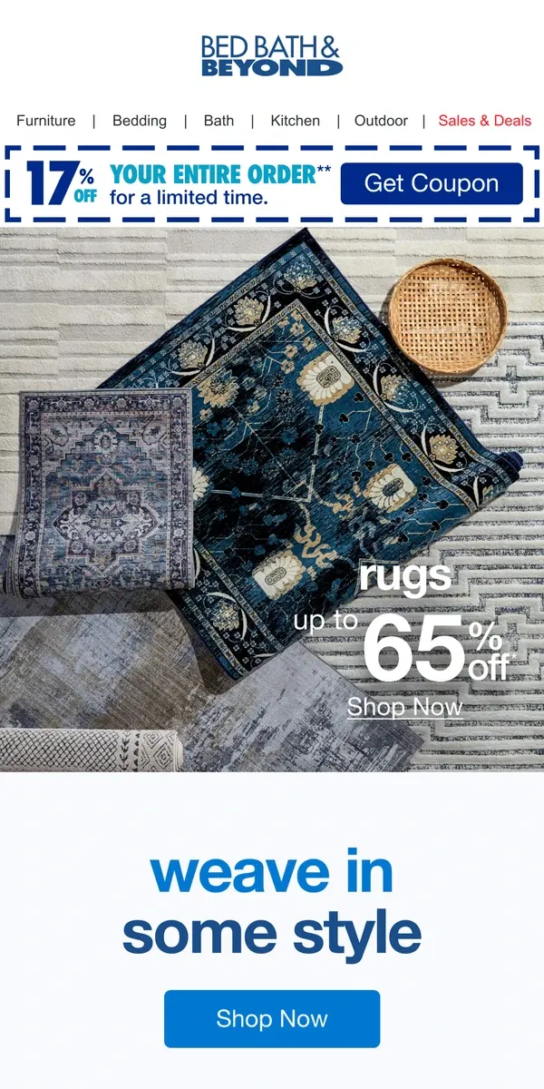 Email from Bed Bath & Beyond. Rug Deals for Every Room? Better Be-Weave It 🙈