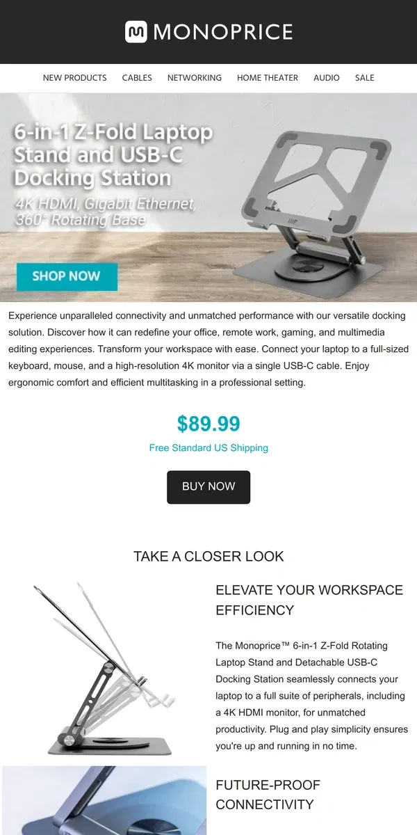 Email from Monoprice. NEW ARRIVALS | Laptop Stand Docking Stations with USB-C