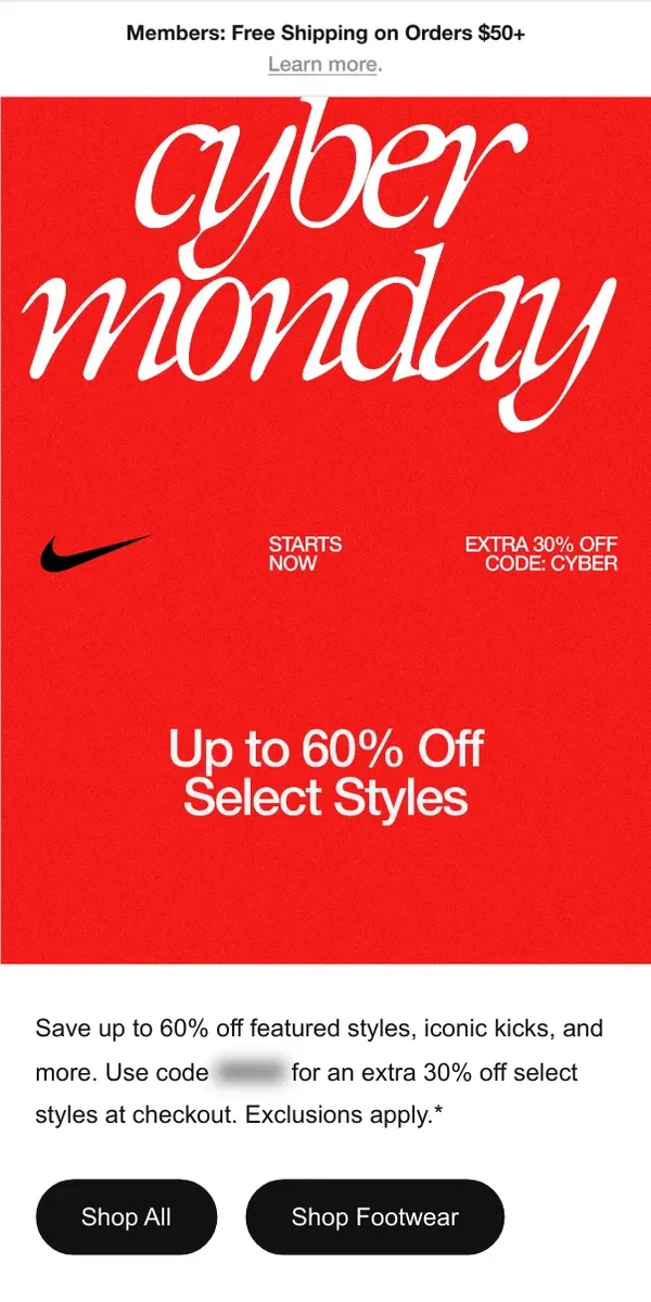 Email from Nike. Cyber Monday is here