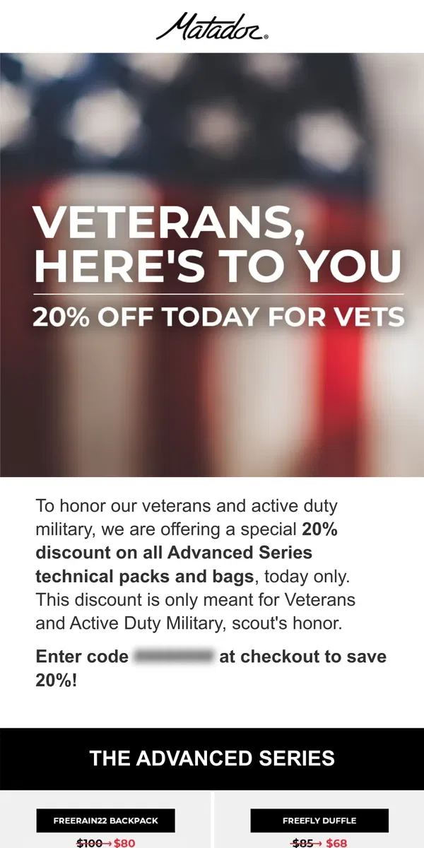 Email from Matador. Veteran's Day Sale