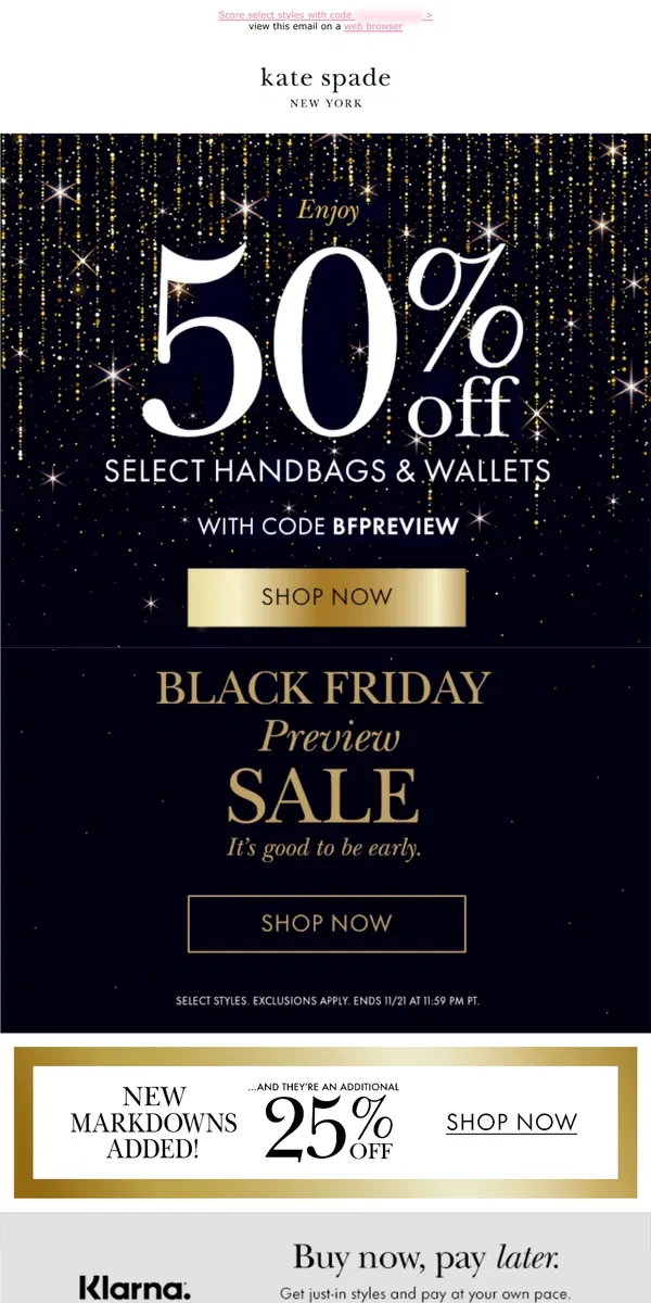 Email from Kate Spade. Ends tomorrow: your special 50% off