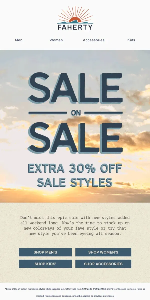 Email from Faherty. Last Chance: An Extra 30% Off Sale