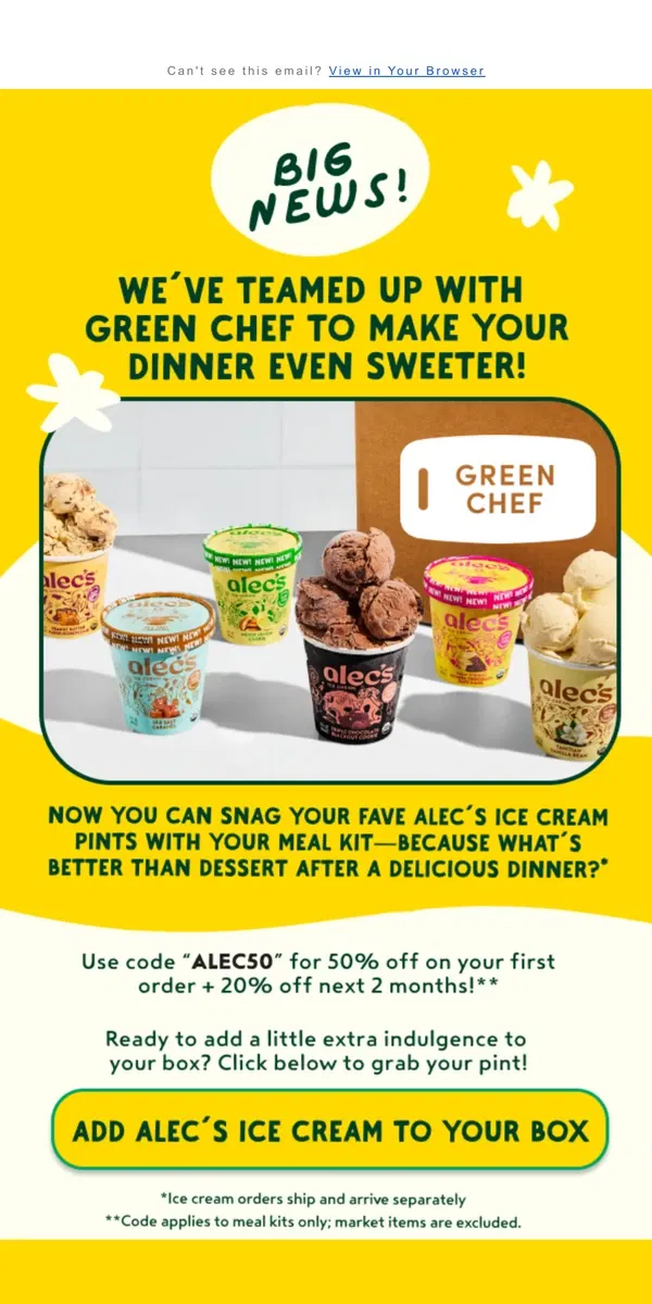 Email from Alec's Ice Cream. Dinner by Green Chef, dessert by Alec’s Ice Cream!