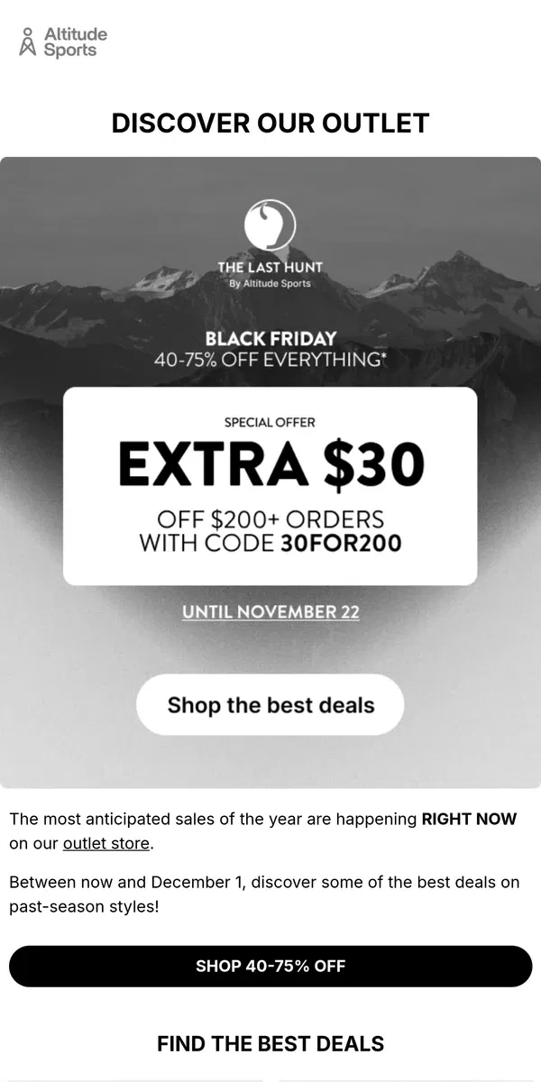 Email from  Altitude Sports. 40-75% off | BLACK FRIDAY on our outlet store